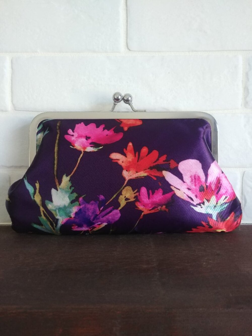 Purple satin soft fabric clutch with bright flowers silver clasp
